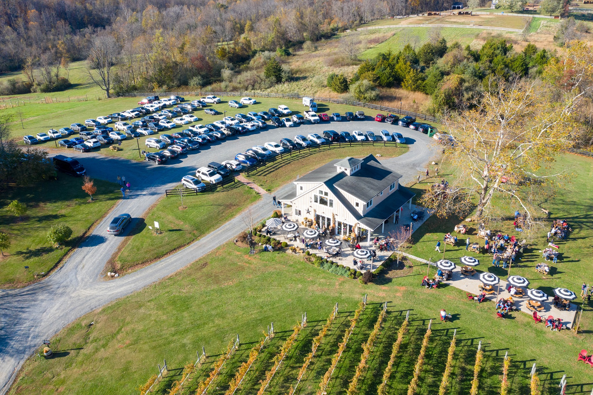 An aerial view of the 50 West Vineyards tasting room and grounds