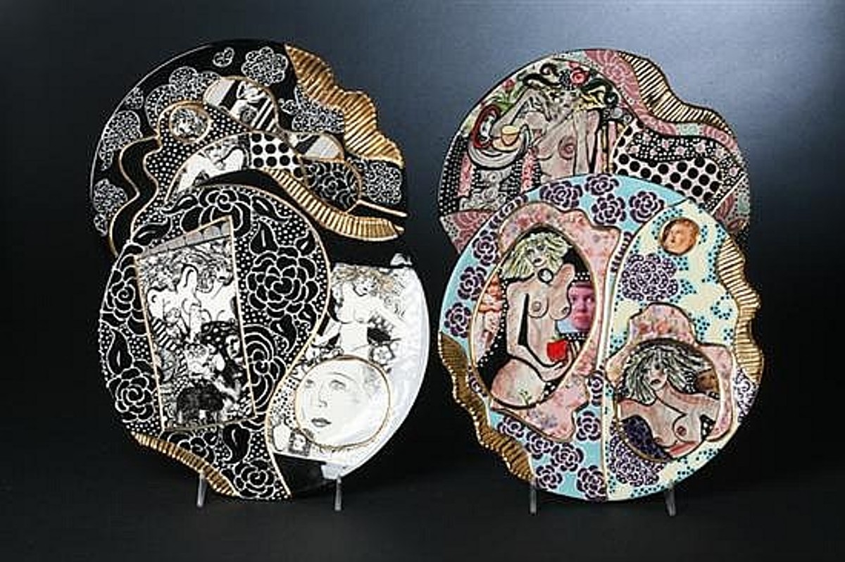 Laney Oxman works in ceramics, glass, and multimedia collage